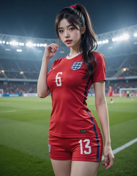 (A beautiful Korean woman with clear and super beautiful breasts is standing wearing the England national team uniform.:1.2)(Laughing whistling :1.2)(Sweaty beautiful skin:1.1)(16k, RAW photos , Top Quality, masterpiece: 1.2),(glossy and beautiful wavy po...