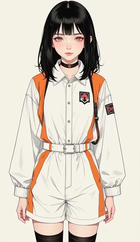 Japanese high school girl wearing animal necker、Big Mouth、 White and Orange Pilot Suit、upper body、casual semi-long hair、 natural perm、black hair、simple background、inspired by Taiyo Matsumoto