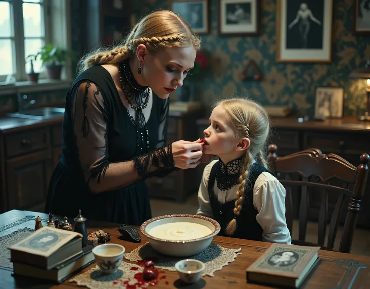 Swedish woman and a girl she is babysitting, at a kitchen table, traditional furnishings, woman is feeding the girl thick vanilla yogurt, with her fingers and hands, the yogurt is poring down the girl's chin and onto her blouse, girl is in a trance, the mo...