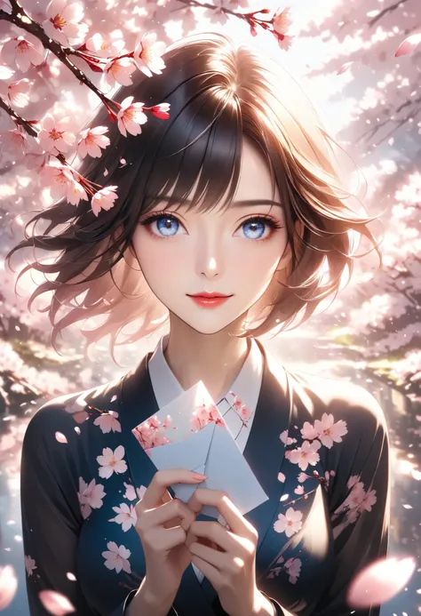 is staring at you, A letter superimposed with multiple exposures, A bright and beautiful adult woman who creates signs of spring in a scene of cherry blossoms scattering, Please convey positive appeal along with the cherry blossoms blooming