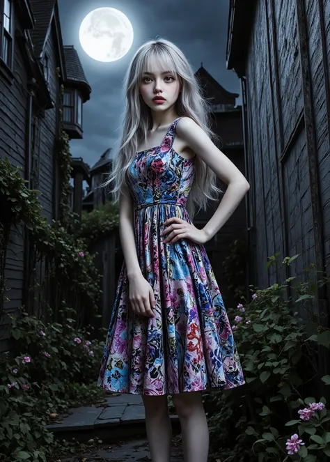 Supervised By Tim Burton、Nightmare Before Christmas Sally、 Silver Hair、Patchwork Dress with Seams、In Front Of A Decaying Mansion、In A Garden With Plants、night、Moonlike Eyes Watching Her from the Sky