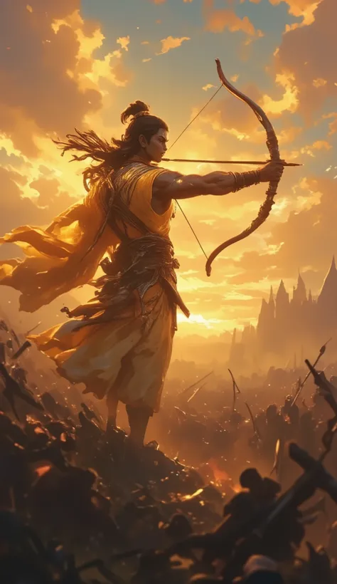 lord ram wear safforn clothes,pointing bow and arrow,on battlefield,detailed facial features,heroic posture,intense expression,HDR,UHD,studio lighting,ultra-fine painting,sharp focus,physically-based rendering,extreme detail,professional,vivid colors,bokeh...