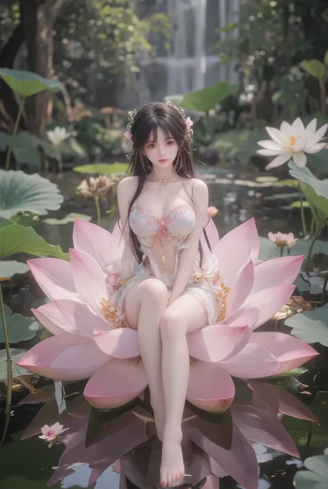Girl sitting cross-legged on a giant lotus pink flower、Big Breasts、black hair、front、topless