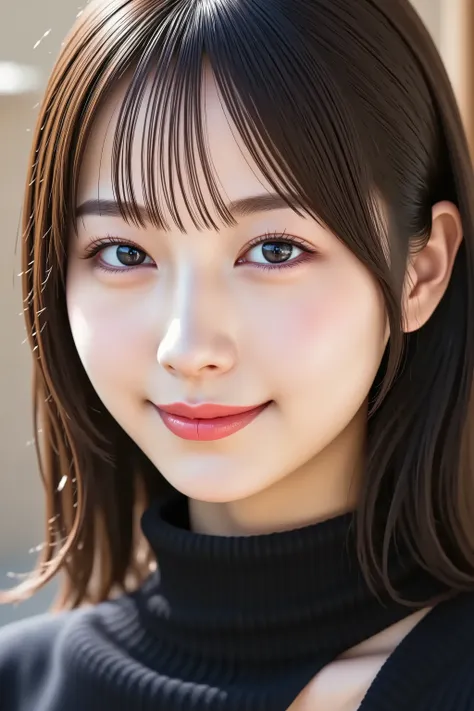 A highly detailed, ultra-realistic digital illustration of a beautiful young Asian woman with her entire head clearly visible and fully included in the frame. She is gently smiling with softly blushed cheeks, clear luminous skin, and glossy pink lips. Her ...