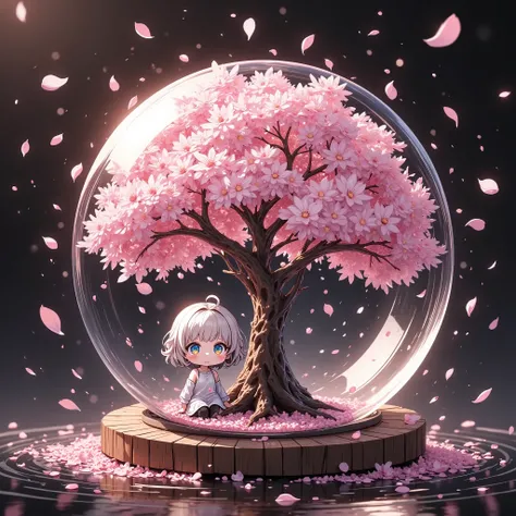 ultra detailed, absolutely resolution, masterpiece, a cherry blossom tree blooming in a crystal ball, countless petals fluttering about, chibi woman sitting at the base of a cherry tree, background jet black