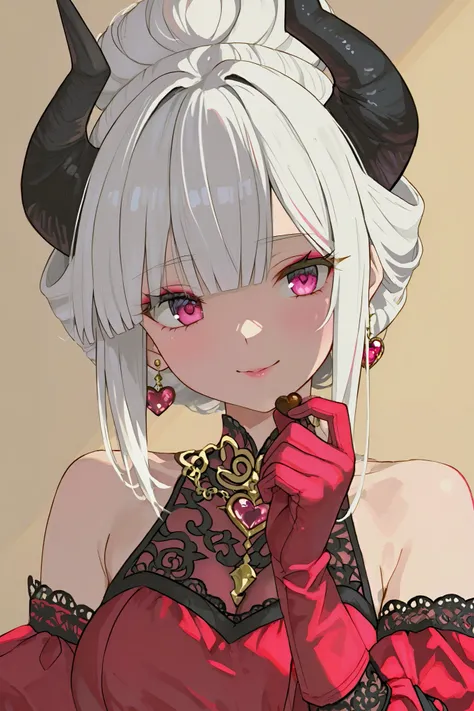 An elegant anime girl with a mysterious expression, sporting white hair styled in a playful updo with side bangs. She wears striking black horns and her makeup features captivating pink eyes. Her outfit is a glossy red dress adorned with delicate lace det...