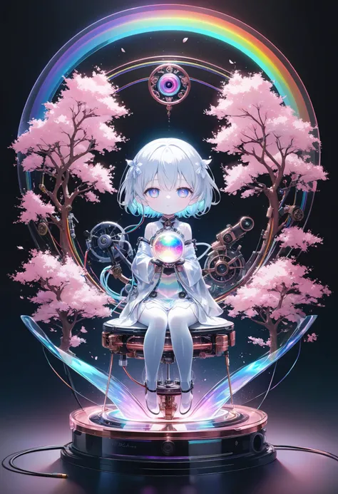 ultra detailed, absolutely resolution, masterpiece, a cherry blossom tree blooming in a crystal ball, countless petals fluttering about, chibi woman sitting at the base of a cherry tree, base made of copper plated frame, (Magic circle, rainbow neon line ka...
