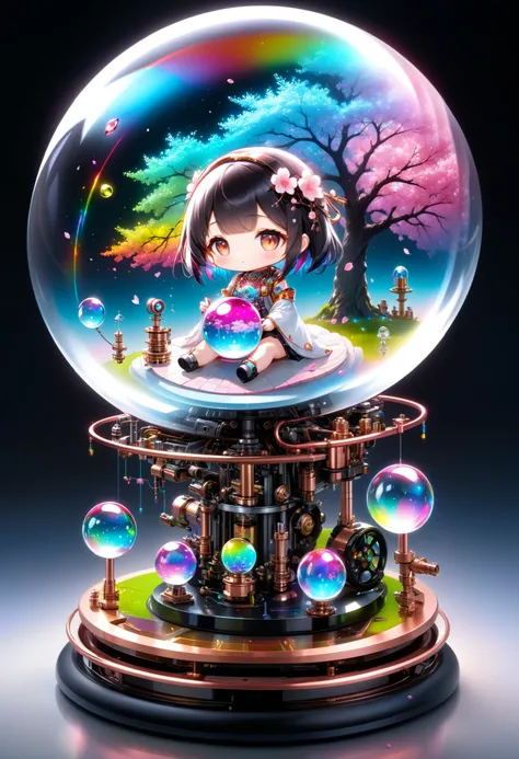 ultra detailed, absolutely resolution, masterpiece, a cherry blossom tree blooming in a crystal ball, countless petals fluttering about, chibi woman sitting at the base of a cherry tree, base made of copper plated frame, (Magic circle, rainbow neon line ka...