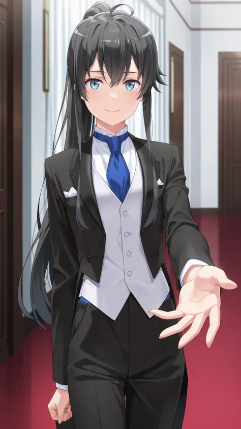 masterpiece,best quality,amazing quality, anime colored, anime style,yukinoshita yukino, long hair, black hair, blue eyes, 1girl, solo,, suit tuxedo , , long hair, bangs, sidelocks, indoors, standing,happy,smile,looking at viewer, cowboy shot, blue tie wom...