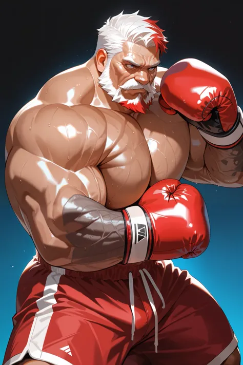 solo, 1boy, (Huge Muscular Old man as a boxer, wearing boxing gloves, fighting stance, wearing shorts, topless) (short hair, 2tone hair color, two tone hair colors, red and white hair color), pectoral, huge pectoral, wide pectoral, short white hair, short ...