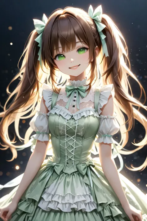 long brown hair , twin tails 、with a bow on her head. she's lighting, pastel green dress, in a white gothic lolita outfit、white gothic top with lots of lace , Same as a feminine casual tight dress with lots of ruffles , Beautiful Girl with Lots of Rib...