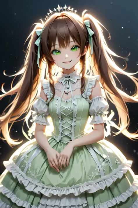 long brown hair , twin tails 、with a bow on her head. she's lighting, pastel green dress, in a white gothic lolita outfit、white gothic top with lots of lace , Same as a feminine casual tight dress with lots of ruffles , Beautiful Girl with Lots of Rib...