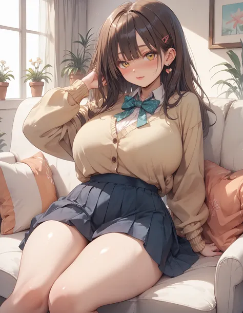 A highschooler girl with long brown hair, amber eyes, big breasts, thick thighs, warm light, living room, couch, blushing, shy gaze, Yellow Cardigan, Simple Blouse (White), Knee-Length Skirt (Dark Blue), Stockings, book