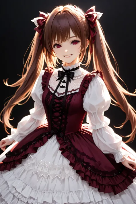 long brown hair , twin tails 、with a bow on her head. she's lighting, bordeaux red dress, in a white gothic lolita outfit、white gothic top with lots of lace , Same as a feminine casual tight dress with lots of ruffles , Beautiful Girl with Lots of Ribb...