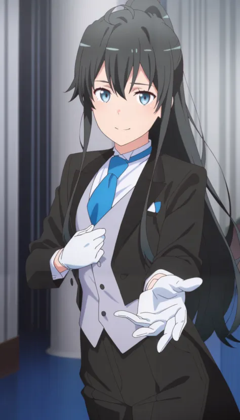 Anime Colouring, anime style,yukinoshita yukino, long hair, black hair, blue eyes, 1girl, solo,, suit tuxedo , , long hair, bangs, sidelocks, indoors, standing,happy,smile,looking at viewer, cowboy shot, blue tie woman in formal attractive suit tuxedo tail...