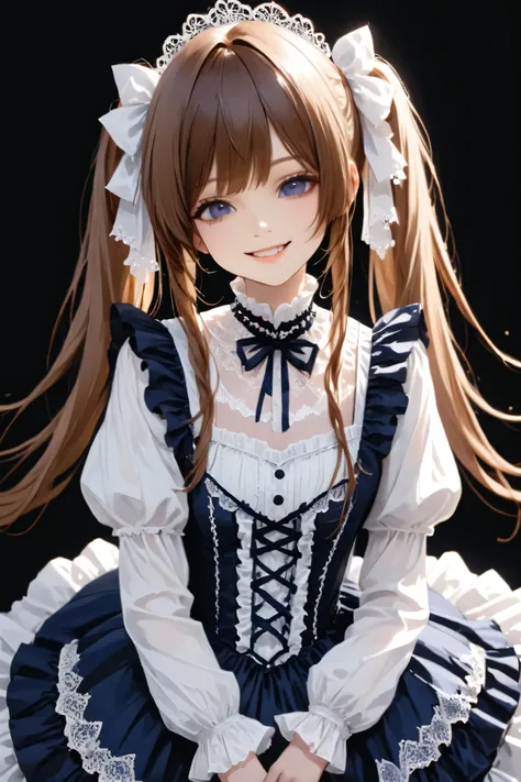 long brown hair , twin tails 、with a bow on her head. she's lighting, navy blue dress , in a white gothic lolita outfit、white gothic top with lots of lace , Same as a feminine casual tight dress with lots of ruffles , Beautiful Girl with Lots of Ribbo...