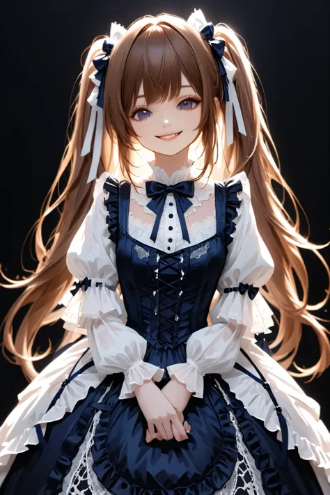 long brown hair , twin tails 、with a bow on her head. she's lighting, navy blue dress , in a white gothic lolita outfit、white gothic top with lots of lace , Same as a feminine casual tight dress with lots of ruffles , Beautiful Girl with Lots of Ribbo...