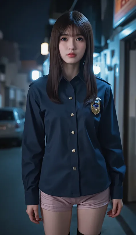    One female police officer,(  I'm wearing an incredibly short and sexy female police miniskirt:1.5),(   RAW photo ,    Best Quality ), (   exists, photo-   exists:1.4), masterpiece,    very delicate and  beautiful,     very detailed , 2k wallpaper,   won...