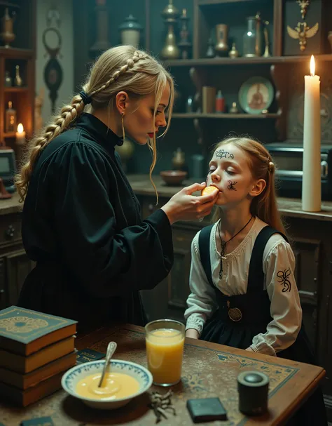 Swedish woman and a girl she is babysitting, at a kitchen table, traditional furnishings, woman is feeding the girl thick vanilla yogurt, with her fingers and hands, the yogurt is poring down the girl's chin and onto her blouse, girl is in a trance, the mo...