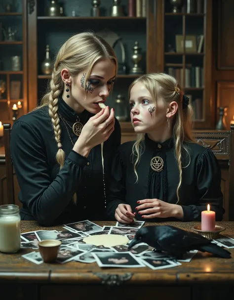 Swedish woman and a girl she is babysitting, at a kitchen table, traditional furnishings, woman is feeding the girl white yogurt, spitting from her own mouth to the girl's open mouth, a thin stream of white fluid, the yogurt is dribbling down the girl's ch...