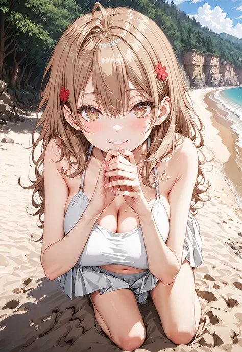 score_9, score_8_up, score_7_up, source_anime, Maria Mikhailovna Kuzou, long hair, bungs, black cock, hair ornament, hair between eyes, brown eyes, stupid hair,smile,cover,close your mouth, Big Breasts,White string bikini swimsuit,Salon skirt,belly button ...