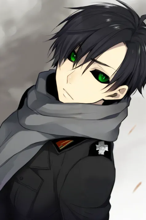 young man, black hair, careless and long, With a look full of sadness, Emerald Eyes with Black Sclera, dressed in a black German military officer's suit and an opaque gray scarf