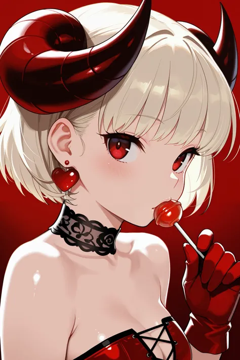 **Facial Expression**: Slightly playful, mysterious expression **Hairstyle**: Long platinum blonde hair with bangs, styled with two prominent horns **Clothing**: Shiny red strapless outfit with black lace-up details **Accessories**: Red gloves, red heart-s...