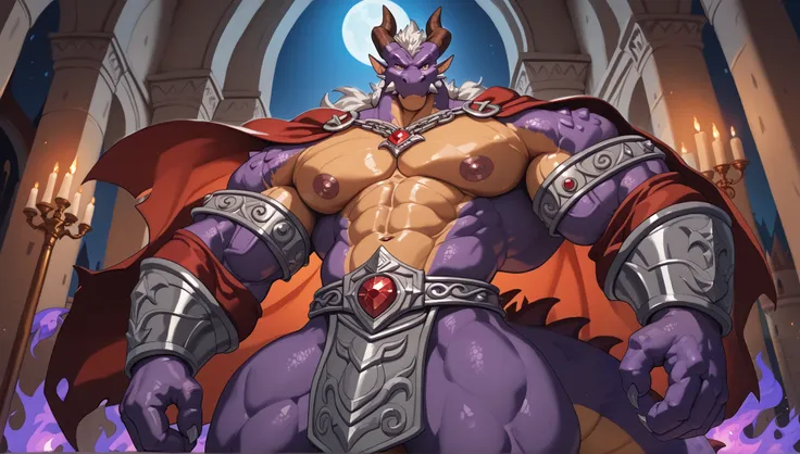 (dragon),( Demon King),majesty,serious,from_below,looking_down,looking_at_screen,(castle),(standing),condescending,(((SFW))),((best eyes)),best face,perfect muscles,Purple fire magic,furry,strong,西方dragon,((((best eyes)))),medieval,(majesty),((night)),(穿着充...
