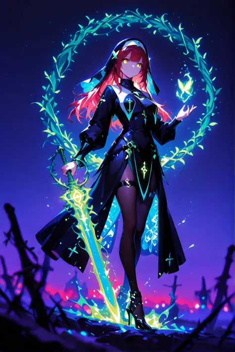 1 woman, Dragon Slayer, Giant Weapon, sword , holding sword , holding a weapon, Hole High Heels Limited color palette , Colorful, vivid color ,Flashing silhouette ,Neon ,Black light , masterpiece, is very beautiful ,red hair, long hair, hair ornaments,gold...
