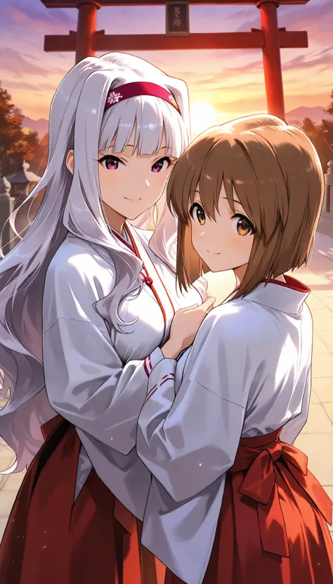 score_9 , score_8_up , score_7_up , source_anime ,2 girls, Shijou Takane, white hair, long hair, BREAK, purple eyes, Simple headband, gentle smile, Hagiwara Yukiho, brown hair, short hair, brown eyes, Smile shyly, shrine maiden clothes, In front of the tor...