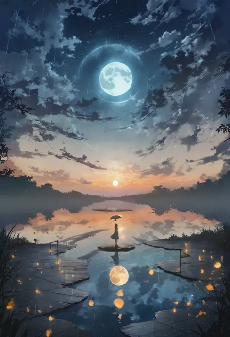 Create an album cover for the song 月の影 (Kage no Tsuki) - Moon Shadow. The artwork should feature a large, glowing moon partially hidden by rain and clouds, casting soft light over a reflective surface like a lake or puddle. Include falling rain streaks and...