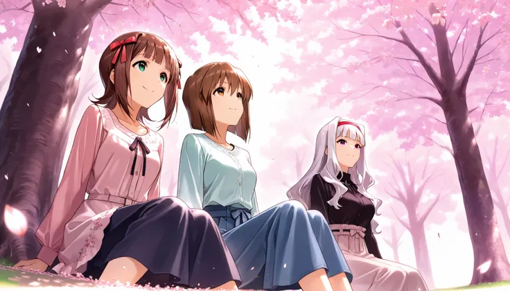 score_9 , score_8_up , score_7_up , source_anime ,(3 girls), Shijou Takane, white hair, long hair, purple eyes, Simple headband, BREAK, Hagiwara Yukiho, brown hair, short hair, brown eyes, BREAK, Amami Haruka, brown hair, short hair, Jade Eyes, Ribbons on ...