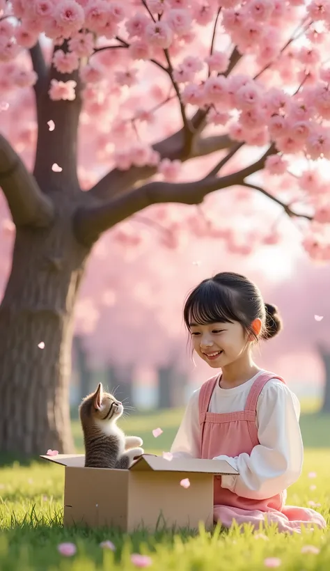 A spring park with cherry blossom petals falling、A cardboard box placed under a large cherry tree。A small kitten is crouching inside。4〜a   gently picks up a cat。 soft light shines into the fantastic atmosphere 、A gentle moment when a cat and a girl look at...