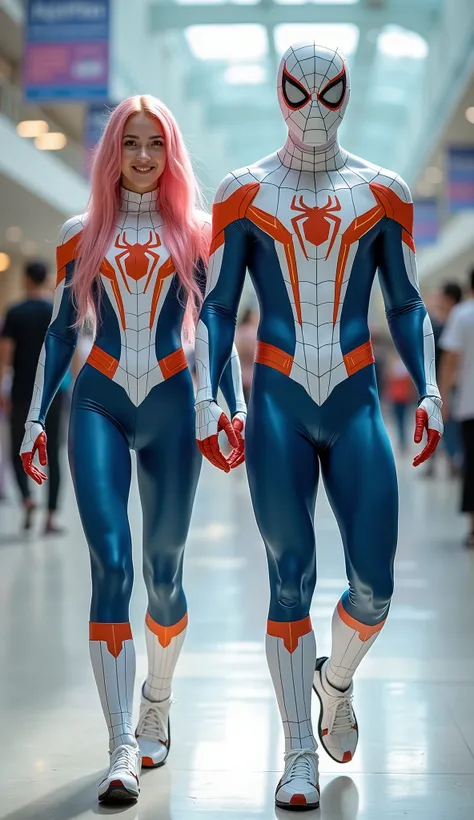 character: 1 young man with mask full head, and 1 young women. They have pink hair and They have Handsome faces.
action: Walk straight and look straight ahead.
Expression : smiling.
Costume : they Wearing futuristic white blue orange Spiderman body sui...