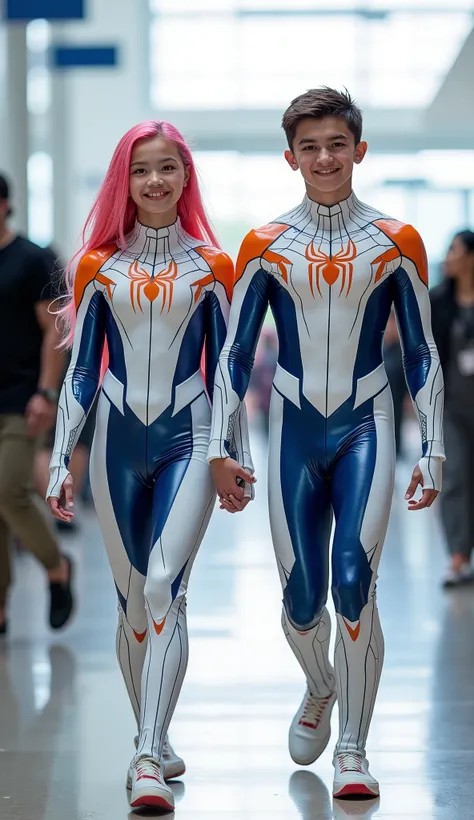 character: 1 boy , and 1 girl. They have pink hair and They have Handsome faces.
action: Walk straight and look straight ahead.
Expression : smiling.
Costume : they Wearing futuristic white blue orange Spiderman body suit.
Background : A bright indoo...