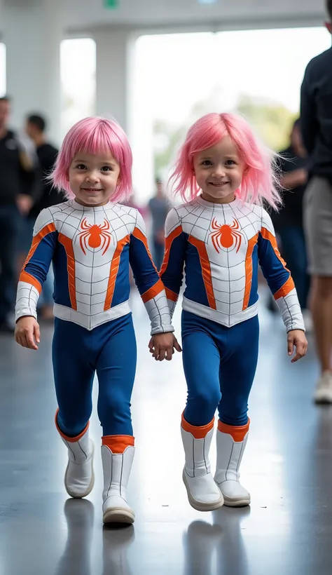 character: 1 baby boy , and 1 baby girl. They have pink hair and They have Handsome faces.
action: Walk straight and look straight ahead.
Expression : smiling.
Costume : they Wearing futuristic white blue orange Spiderman body suit.
Background : A br...