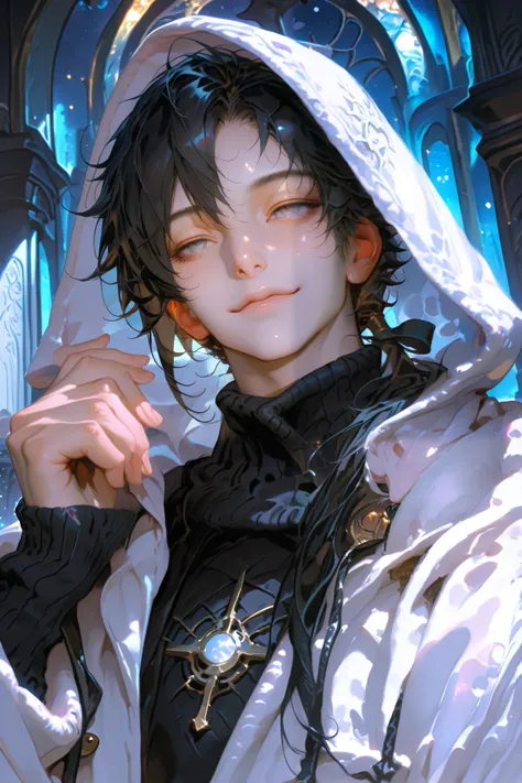 masterpiece, best quality, detailed eyes, semi realistic, 8k, boy, cool, small, white robe coat, black sweater, short black low ponytail hair, white eye, fantasy, solo character, wearing hood, fantasy temple background, night time, upper body, emotionless ...