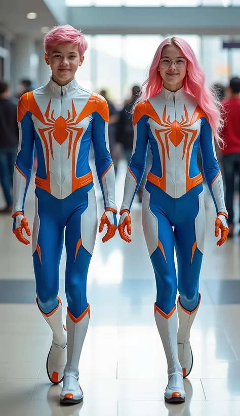 character: 1 boy , and 1 girl. They have pink hair and They have Handsome faces.
action: Walk straight and look straight ahead.
Expression : smiling.
Costume : they Wearing futuristic white blue orange Spiderman body suit.
Background : A bright indoo...