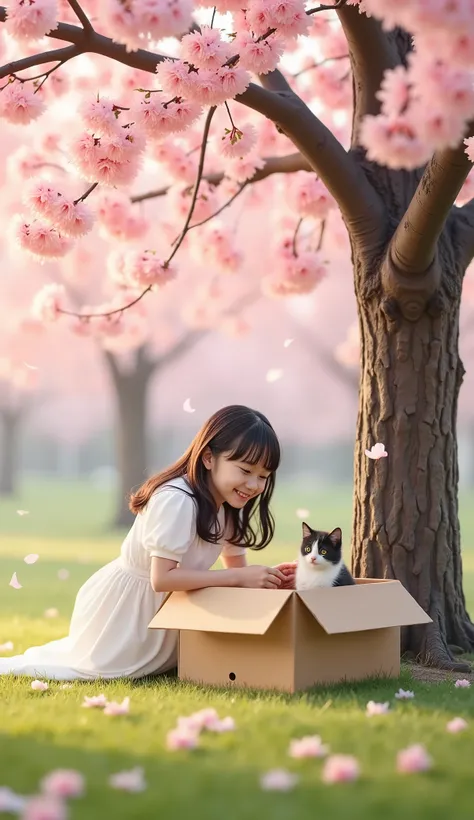 A spring park with cherry blossom petals falling、A cardboard box placed under a large cherry tree。A small kitten is crouching inside。4〜a   gently picks up a cat。 soft light shines into the fantastic atmosphere 、A gentle moment when a cat and a girl look at...