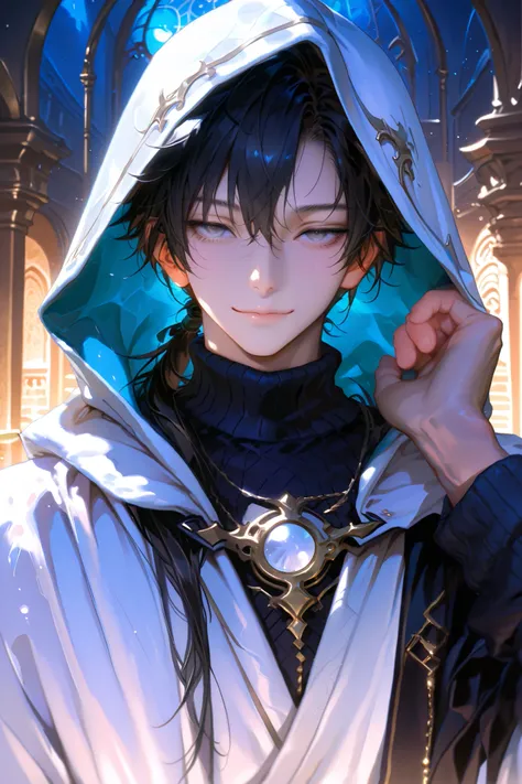 masterpiece, best quality, detailed eyes, semi realistic, 8k, boy, cool, small, white robe coat, black sweater, short black low ponytail hair, white eye, fantasy, solo character, wearing hood, fantasy temple background, night time, upper body, emotionless ...