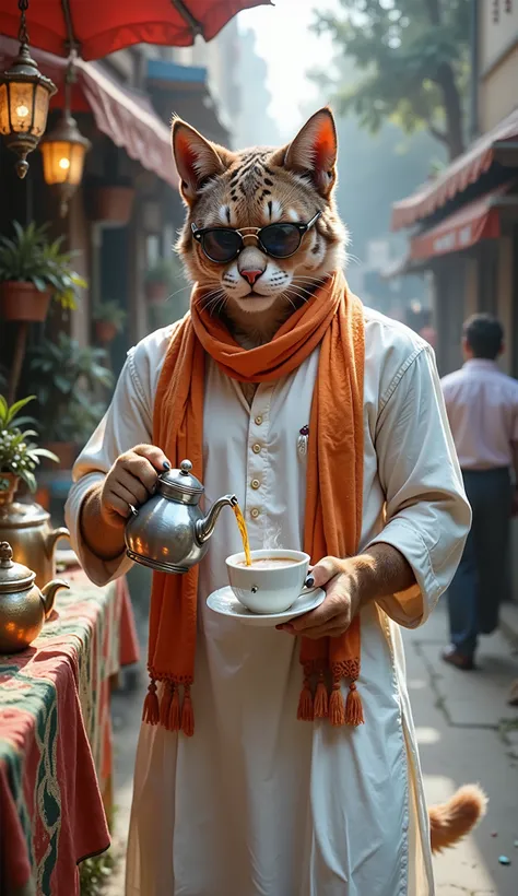 a human like cat wearing a orange indian gamcha around his neck and white kurta , he is a tea seller, poring tea in a cup on an indian tea stall on road. wearing sunglasses