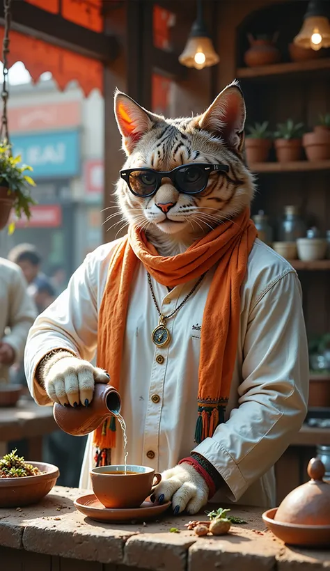 a cat wearing a orange indian gamcha around his neck and white kurta , he is a tea seller, poring tea in a mud glass on an indian tea stall or thela,. wearing sunglasses