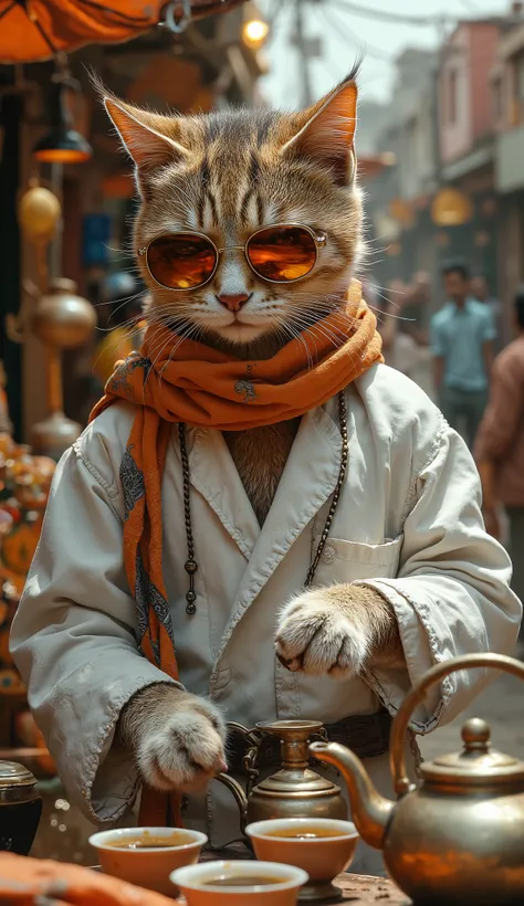a human like cat wearing a orange indian gamcha around his neck and white kurta , he is a tea seller, poring tea in a cup on an indian tea stall on road. wearing sunglasses