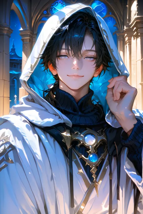 masterpiece, best quality, detailed eyes, semi realistic, 8k, boy, cool, small, white robe coat, black sweater, short black low ponytail hair, white eye, fantasy, solo character, wearing hood, fantasy temple background, night time, upper body, emotionless ...