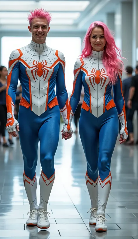 character: 1 young man with ping hair, and 1 young women. They have pink hair and They have Russian faces.
action: Walk straight and look straight ahead.
Expression : smiling.
Costume : they Wearing futuristic white blue orange Spiderman body suit.
B...