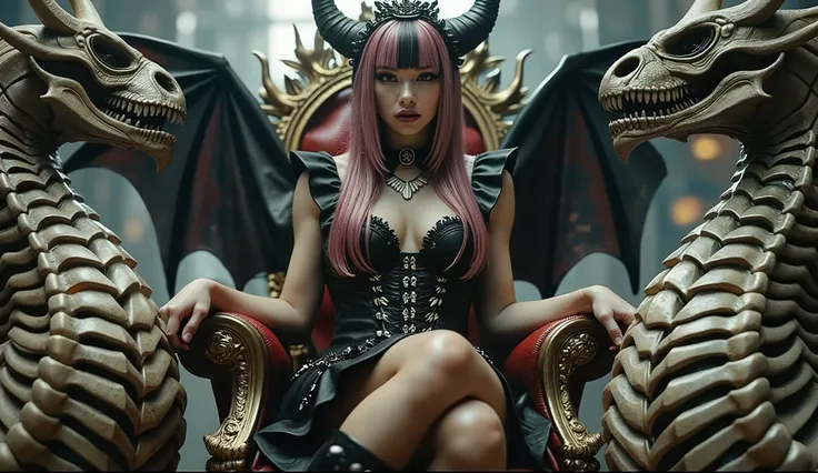 1 devil woman、Royal Family、sit on a chair, cross one's legs、The Skeleton Throne、has 2 dragons on her side、full body、full body、 from head to toe、full body、Royal Family、 Demon Horns 、Devil Wings、sexy、half of the hair is pink and half is black、movie scene、Got...