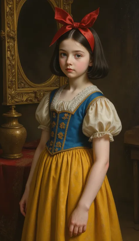 rmbt,
18th century,
Early summer,
Snow White at the age of 7,
Snow White is a very beautiful girl,
The magic mirror says that Snow White is the most beautiful in the world,
snow-white skin,
slightly red cheeks,
a big red ribbon headband on her bob-cut blac...