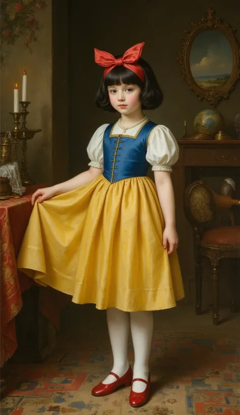 rmbt,
18th century,
Early summer,
Snow White at the age of 7,
Snow White is a very beautiful girl,
The magic mirror says that Snow White is the most beautiful in the world,
snow-white skin,
slightly red cheeks,
a big red ribbon headband on her bob-cut blac...