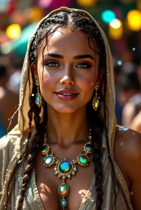 ((jemaa el fna in background)), posing photo of alluring Abigail beautiful woman sparkling splashing rainbows, (((bright eyes))), happy, super long braids, glistening, dripping exotic jewelry, iridescent, hooded kaftan (masterpiece) (best quality) (detaile...