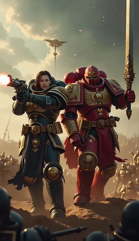 An elite (female Custodes) and (male Custodes) fighting and shooting side by side on a battlefield. The famale Custodes has a black and gold armor with many details and 'purity seals'. The male custodies has a red and gold armor that is very detailed and h...
